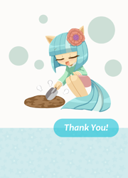 Size: 1358x1890 | Tagged: safe, artist:howxu, imported from derpibooru, coco pommel, anthro, earth pony, clothes, cocobetes, cute, dirt, eyes closed, flower, flower in hair, open mouth, skirt, solo, trowel