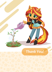 Size: 1358x1890 | Tagged: safe, artist:howxu, imported from derpibooru, sunset shimmer, anthro, unguligrade anthro, equestria girls, open mouth, plant, solo, tree, water, watering can