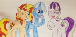 Size: 640x318 | Tagged: safe, artist:suntrixglim, imported from derpibooru, starlight glimmer, sunset shimmer, trixie, pony, unicorn, equestria girls, cute, female, laughing, lesbian, polyamory, shipping, smiling, startrixset, traditional art, trio