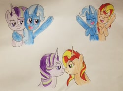 Size: 640x474 | Tagged: safe, artist:suntrixglim, imported from derpibooru, starlight glimmer, sunset shimmer, trixie, pony, unicorn, equestria girls, female, lesbian, shimmerglimmer, shipping, startrix, suntrix, traditional art