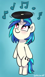 Size: 968x1652 | Tagged: safe, artist:heretichesh, imported from derpibooru, dj pon-3, vinyl scratch, pony, unicorn, balancing, bipedal, blushing, cute, female, filly, filly vinyl scratch, foal, gradient background, looking up, music notes, record, smiling, solo, vinylbetes, younger