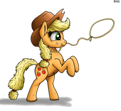 Size: 2628x2403 | Tagged: safe, artist:darkyboode32, imported from derpibooru, applejack, earth pony, pony, applejack's hat, belly button, bipedal, cowboy hat, female, hat, lasso, rope, simple background, solo, white background