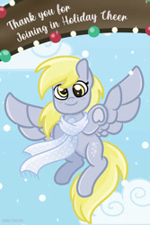 Size: 730x1095 | Tagged: safe, artist:redpalette, imported from derpibooru, derpy hooves, christmas, clothes, cloud, cute, flying, holiday, lights, scarf, secret santa, smiling