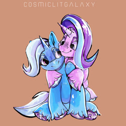 Size: 1280x1280 | Tagged: safe, artist:cosmiclitgalaxy, imported from derpibooru, starlight glimmer, trixie, pony, unicorn, brown background, cuddling, cute, deviantart watermark, duo, eyebrows, female, heart, heart hoof, lesbian, mare, obtrusive watermark, shipping, signature, simple background, sitting, smiling, smiling at each other, startrix, text, underhoof, unshorn fetlocks, watermark