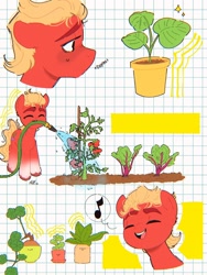 Size: 1536x2048 | Tagged: safe, artist:latiatonta, imported from derpibooru, sprout cloverleaf, earth pony, pony, food, g5, male, my little pony: a new generation, plant, pot, singing, solo, sproutbetes, stallion, tomato