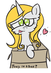 Size: 1257x1805 | Tagged: safe, artist:pisklakozaur, imported from derpibooru, oc, oc only, pony, unicorn, :p, box, female, heart, horn, mare, pony in a box, simple background, solo, tongue out, transparent background, unicorn oc