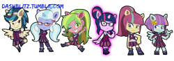 Size: 1280x453 | Tagged: safe, artist:manic-the-lad, imported from derpibooru, indigo zap, lemon zest, sci-twi, sour sweet, sugarcoat, sunny flare, twilight sparkle, equestria girls, friendship games, chibi, clothes, crystal prep academy uniform, ear piercing, earring, glasses, goggles, jewelry, piercing, ponied up, school uniform, shadow six, simple background, transparent background, unicorn sci-twi