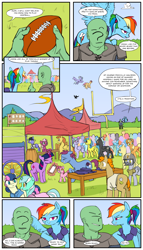 Size: 2000x3500 | Tagged: safe, artist:redruin01, color edit, derpibooru exclusive, edit, imported from derpibooru, rainbow dash, twilight sparkle, oc, oc:anon, human, pegasus, pony, unicorn, american football, colored, comic, female, male, outdoors, speech bubble, sports, unicorn twilight