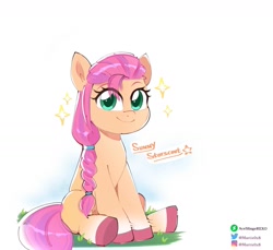 Size: 1725x1578 | Tagged: safe, artist:aceslingerexo, imported from derpibooru, sunny starscout, earth pony, pony, cute, female, g5, looking at you, mare, my little pony: a new generation, simple background, sitting, smiling, smiling at you, solo, stars, sunnybetes, white background