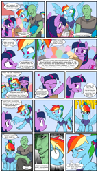 Size: 2000x3500 | Tagged: safe, artist:redruin01, color edit, derpibooru exclusive, edit, imported from derpibooru, rainbow dash, twilight sparkle, oc, oc:anon, human, pegasus, pony, unicorn, colored, comic, female, male, outdoors, speech bubble, unicorn twilight