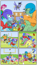 Size: 2000x3500 | Tagged: safe, artist:redruin01, color edit, derpibooru exclusive, edit, imported from derpibooru, applejack, cherry berry, derpy hooves, lemon hearts, pinkie pie, rainbow dash, roseluck, oc, oc:anon, earth pony, human, pegasus, pony, american football, blowing whistle, butt, clothes, coaching cap, colored, comic, female, football helmet, helmet, male, mare, outdoors, plot, referee, shirt, shorts, sports, whistle