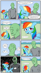 Size: 2000x3500 | Tagged: safe, artist:redruin01, color edit, derpibooru exclusive, edit, imported from derpibooru, rainbow dash, oc, oc:anon, human, pegasus, pony, bandage, clothes, colored, comic, dialogue, eyes closed, female, gritted teeth, long sleeved shirt, male, mare, open mouth, outdoors, pain, sad, shirt, smiling, speech bubble