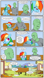 Size: 2000x3500 | Tagged: safe, artist:redruin01, color edit, derpibooru exclusive, edit, imported from derpibooru, rainbow dash, oc, oc:anon, human, pegasus, pony, arm around neck, bandage, bench, clothes, colored, comic, dialogue, female, leaves, long sleeved shirt, male, mare, one eye closed, open mouth, outdoors, shirt, sitting, smiling, speech bubble, thousand yard stare, traumatized