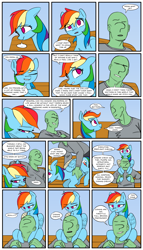 Size: 2000x3500 | Tagged: safe, artist:redruin01, color edit, derpibooru exclusive, edit, imported from derpibooru, rainbow dash, oc, oc:anon, human, pegasus, pony, bandage, bench, clothes, colored, comic, dialogue, eye clipping through hair, eye contact, female, holding a pony, long sleeved shirt, looking at each other, looking at someone, looking down, looking up, male, mare, open mouth, outdoors, ponies riding humans, riding, sad, shirt, sitting, smiling, speech bubble