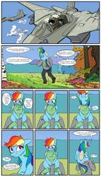 Size: 2000x3500 | Tagged: safe, artist:redruin01, color edit, derpibooru exclusive, edit, imported from derpibooru, rainbow dash, oc, oc:anon, human, pegasus, pony, aw yiss, awkward smile, bandage, clothes, colored, comic, dialogue, eye contact, female, helmet, jet, jet fighter, leaves, long sleeved shirt, looking at each other, looking at someone, looking down, looking up, male, mare, open mouth, outdoors, pretend, shirt, smiling, speech bubble, tail, tail wag, tree