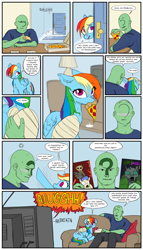 Size: 2000x3500 | Tagged: safe, artist:redruin01, color edit, derpibooru exclusive, edit, imported from derpibooru, rainbow dash, oc, oc:anon, human, pegasus, pony, bandage, blushing, bowl, clothes, colored, comic, couch, dialogue, door, female, food, indoors, lying down, male, mare, mouth hold, open mouth, pillow, pizza, popcorn, prone, raised eyebrow, shirt, sitting, speech bubble, steam, t-shirt, television, wet, wet mane