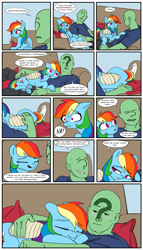 Size: 2000x3500 | Tagged: safe, artist:redruin01, color edit, derpibooru exclusive, edit, imported from derpibooru, rainbow dash, oc, oc:anon, human, pegasus, pony, bandage, clothes, colored, comic, couch, dialogue, eyes closed, female, frown, hug, indoors, lying down, male, mare, on back, open mouth, pillow, raised eyebrow, shirt, smiling, socks, speech bubble, t-shirt, vulgar
