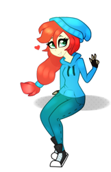 Size: 490x756 | Tagged: safe, artist:kaikururu, imported from derpibooru, oc, oc only, equestria girls, beanie, clothes, converse, equestria girls-ified, eyelashes, female, fingerless gloves, gloves, hat, heart, pants, shoes, simple background, sitting, smiling, sneakers, solo, transparent background