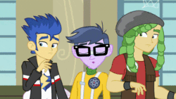Size: 500x281 | Tagged: safe, imported from derpibooru, screencap, flash sentry, microchips, sandalwood, a banner day, equestria girls, animated, clothes, gif, glasses, jacket, male