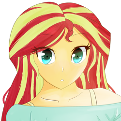 Size: 1372x1372 | Tagged: safe, alternate version, artist:toffrox, derpibooru exclusive, imported from derpibooru, sunset shimmer, equestria girls, bra, bra strap, bust, clothes, cropped, eye clipping through hair, eyebrows, eyebrows visible through hair, female, looking at you, simple background, solo, underwear, white background
