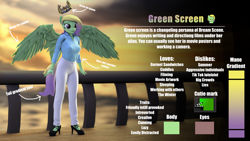 Size: 3840x2160 | Tagged: safe, artist:dangerousdpad, imported from derpibooru, oc, oc only, oc:green screen, anthro, changeling, pegasus, plantigrade anthro, 3d, breasts, clothes, female, reference, reference sheet, shirt, solo, source filmmaker, spread wings, standing, wings