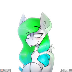 Size: 2560x2560 | Tagged: safe, artist:difis, imported from derpibooru, oc, oc:aurora wing, aeroverse, blushing, bust, hooves together, jewelry, lidded eyes, looking at you, raised eyebrow, simple background, smiling, smug