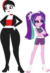 Size: 416x612 | Tagged: safe, artist:darthrivan, artist:sturk-fontaine, imported from derpibooru, aria blaze, oc, oc:rose dalmatian, equestria girls, alternate universe, base used, big breasts, breasts, choker, clothes, foot wraps, hand wraps, huge breasts, jacket, leather jacket, lipstick, shorts, simple background, sports bra, sports shorts, sports tape, white background, wide hips