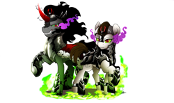 Size: 4200x2480 | Tagged: safe, artist:dormin-dim, imported from derpibooru, king sombra, oc, oc:rough seas, earth pony, pony, unicorn, body armor, green smoke, simple background, sombra eyes, transparent background