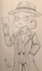 Size: 800x1343 | Tagged: safe, artist:mayorlight, imported from derpibooru, sugarcoat, equestria girls, friendship games, alternate hairstyle, clothes, detective, fedora, glasses, hand in pocket, hat, monochrome, necktie, noir, pencil drawing, simple background, solo, suit, traditional art, trenchcoat