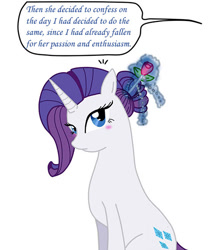 Size: 500x560 | Tagged: safe, artist:ask--luna-and-rarity, imported from derpibooru, rarity, pony, unicorn, alternate hairstyle, blushing, female, flower, flower in hair, hair styling, implied lesbian, implied princess luna, implied rariluna, implied shipping, offscreen character, rose, simple background, tumblr:ask luna and rarity, white background