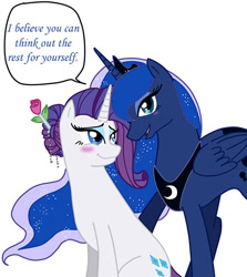 Size: 500x560 | Tagged: safe, artist:ask--luna-and-rarity, imported from derpibooru, princess luna, rarity, alicorn, pony, unicorn, blushing, female, flower, flower in hair, lesbian, rariluna, rose, shipping