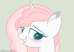 Size: 1254x888 | Tagged: safe, artist:sugarcubecreationz, imported from derpibooru, oc, oc:sweetheart, pony, unicorn, blushing, bust, eyebrows, eyebrows visible through hair, female, horn, lidded eyes, looking down, mare, open mouth, open smile, portrait, signature, simple background, smiling, solo, teeth