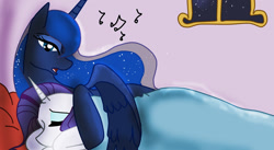 Size: 1200x656 | Tagged: safe, artist:ask--luna-and-rarity, imported from derpibooru, princess luna, rarity, alicorn, pony, unicorn, bed, blanket, comforting, female, hug, lesbian, lullaby, pillow, rariluna, shipping, singing, winghug, wings