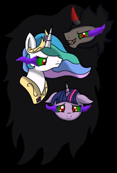 Size: 1332x1976 | Tagged: safe, artist:novaspark, imported from derpibooru, king sombra, princess celestia, twilight sparkle, alicorn, pony, umbrum, unicorn, the crystal empire, corrupted celestia, dark magic, darkness, jewelry, magic, peytral, sombra eyes, tiara, trio, unicorn twilight