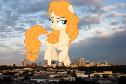 Size: 1440x960 | Tagged: safe, artist:phucknuckl, artist:thegiantponyfan, imported from derpibooru, pear butter, earth pony, pony, building, car, cloud, cloudy, eyebrows, female, florida, freckles, giant earth pony, giant pony, giant/macro earth pony, giantess, highrise ponies, irl, macro, mare, mega giant, open mouth, open smile, orlando, photo, photoshop, ponies in real life, raised eyebrow, raised hoof, smiling, smirk, tailband, teeth, tree