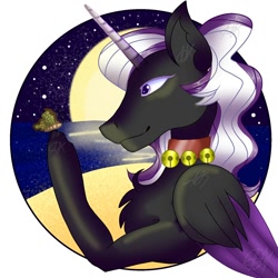 Size: 1500x1500 | Tagged: safe, artist:teonnakatztkgs, imported from derpibooru, oc, oc only, alicorn, pony, alicorn oc, bust, chest fluff, collar, colored wings, commission, female, full moon, horn, mare, moon, night, simple background, smiling, solo, stars, two toned wings, white background, wings, ych result