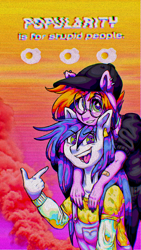 Size: 1080x1920 | Tagged: safe, artist:porcelanowyokular, imported from derpibooru, oc, oc only, anthro, earth pony, :d, bandaid, clothes, duo, ear piercing, earth pony oc, glasses, hat, open mouth, open smile, piercing, round glasses, smiling