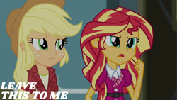 Size: 1280x720 | Tagged: safe, edit, edited screencap, editor:quoterific, imported from derpibooru, screencap, applejack, sunset shimmer, equestria girls, friendship games, applejack's hat, cowboy hat, duo, duo female, female, hat, open mouth