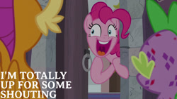 Size: 1280x720 | Tagged: safe, edit, edited screencap, editor:quoterific, imported from derpibooru, screencap, pinkie pie, smolder, spike, dragon, earth pony, pony, molt down, season 8, dragoness, female, male, mare, open mouth, open smile, smiling, trio, yelling