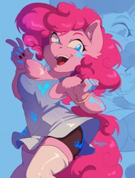 Size: 1638x2160 | Tagged: safe, artist:hakkids2, imported from derpibooru, pinkie pie, anthro, earth pony, chest fluff, clothes, peace sign, socks, solo, stockings, thigh highs