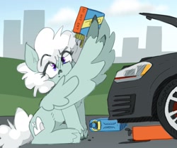 Size: 2000x1672 | Tagged: safe, artist:rellopone, imported from derpibooru, oc, oc only, oc:overcastpone, pegasus, pony, car, chest fluff, cloud, hooves, oil, pegasus oc, raised eyebrow, sitting, solo, volkswagen, wing hands, wings