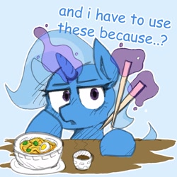 Size: 1525x1525 | Tagged: safe, artist:rellopone, imported from derpibooru, trixie, pony, unicorn, chopsticks, comic sans, female, food, horn, magic, noodles, ramen, simple background, solo, telekinesis, text