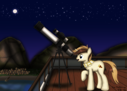 Size: 1503x1080 | Tagged: safe, artist:99999999000, imported from derpibooru, oc, oc only, oc:cream brun, pony, unicorn, clothes, male, moon, mountain, night, scarf, solo, stars, striped scarf, telescope, town