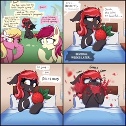 Size: 1989x1995 | Tagged: safe, artist:confetticakez, imported from derpibooru, lily, lily valley, roseluck, oc, oc:strawberry stylus, bat pony, earth pony, pony, bat pony oc, bed, cannibalism, comic, eating, fake pregnant, female, filial cannibalism, food, food baby, hospital, monster, mother and child, not salmon, offscreen character, open mouth, ponyville, pregnant, smiling, speech bubble, strawberry, tongue out, wat