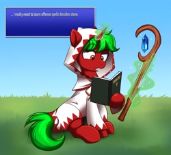 Size: 4096x3701 | Tagged: safe, artist:confetticakez, imported from derpibooru, oc, oc only, pony, unicorn, crystal, dialogue box, final fantasy, grass, sitting, solo, staff, white mage