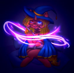 Size: 1812x1803 | Tagged: safe, alternate version, artist:zowzowo, imported from derpibooru, oc, oc:cinnamon swirl, pony, unicorn, book, cloak, clothes, glowing, glowing eyes, hat, magic, solo, spellbook, witch, witch hat