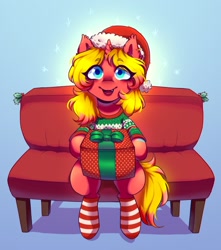 Size: 1202x1358 | Tagged: safe, artist:zowzowo, imported from derpibooru, oc, oc:cinnamon swirl, pony, bench, christmas, clothes, hat, holiday, looking at you, present, santa hat, sitting, socks, solo, striped socks, winter, winter outfit