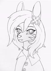 Size: 3177x4451 | Tagged: safe, artist:hory, imported from derpibooru, oc, oc only, pony, bust, clothes, female, monochrome, simple background, sketch, smiling, solo, traditional art