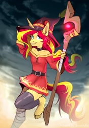 Size: 1668x2388 | Tagged: safe, artist:buvanybu, imported from derpibooru, sunset shimmer, anthro, unguligrade anthro, unicorn, anime, belt, clothes, cloud, cloven hooves, cosplay, costume, cute, dress, female, hat, hooves, horn, konosuba, megumin, scepter, shimmerbetes, smiling, solo, staff, witch hat