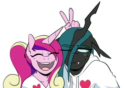 Size: 1020x721 | Tagged: safe, artist:redxbacon, imported from derpibooru, princess cadance, queen chrysalis, alicorn, anthro, changeling, changeling queen, blushing, cadalis, clothes, eyes closed, female, hoodie, infidelity, lesbian, open mouth, open smile, peace sign, ponytail, shipping, simple background, smiling, white background